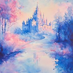 a painting of a castle in the middle of a river with trees and flowers around it