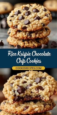 rice krispie chocolate chip cookies stacked on top of each other with the title above it