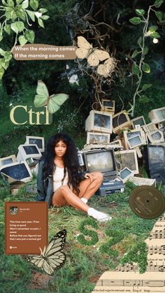 a woman sitting in the grass with lots of old tvs and butterflies around her