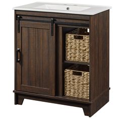 a bathroom vanity with two baskets under the sink