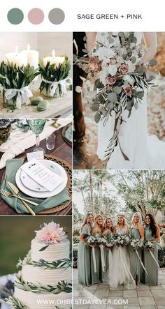 a collage of photos showing different types of wedding cake and flowers on the table