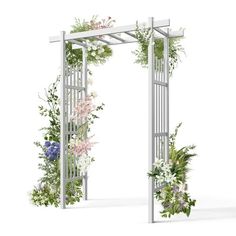 an arch with flowers and greenery on the sides is set against a white background