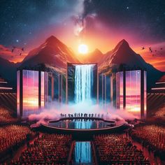 an artist's rendering of a stage with waterfall and mountains in the background