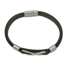 Stainless steel brushed and polished black leather infinity sign men's bracelet with magnetic clasp. Bracelet measures approximately 8"L x 3/8"W, infinity charm measures 1 5/16"L x 9/16"W. Modern Metal Jewelry With Black Band, Modern Leather Bracelet With Metal Black Band, Modern Metal Leather Bracelet With Black Band, Adjustable Black Leather Bracelet With Lobster Clasp, Modern Adjustable Jewelry With Black Band, Modern Stainless Steel Leather Bracelet For Formal Occasions, Modern Leather Bracelet With Stainless Steel Clasp, Modern Stainless Steel Jewelry With Black Band, Elegant Leather Bracelet With Stainless Steel Clasp