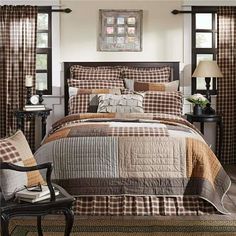 Neutral brown tones create a calming and restful respite with the Rory Queen Quilt. Featuring an irregular block layout and an outer border in black and tan chambray plaid, our 90Wx90L quilt invites you into a space with cozy color and warm design. The various greige, chocolate brown, and tan plaids with occasional patchwork in antique stripes provide a distinct, relaxed look for this all-cotton hand-quilted bedspread. The reverse side showcases textured greige chambray fabric. Color: Gray. King Quilt Bedding, California King Quilts, Lodge Bedding, Country Bedroom Decor, Rustic Quilts, Country Bedding, King Quilt Sets, Rustic Bedding, Country Bedroom