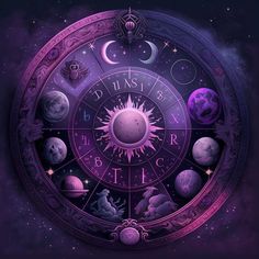 the sun and moon are surrounded by astrological symbols in purple hues on a dark background