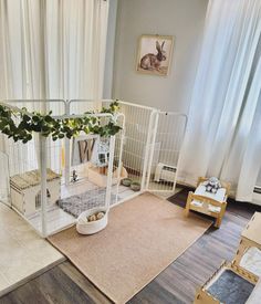 a baby crib in the corner of a room with plants growing out of it