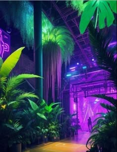 an indoor plant filled with lots of green plants and purple lighting in the background is a neon sign