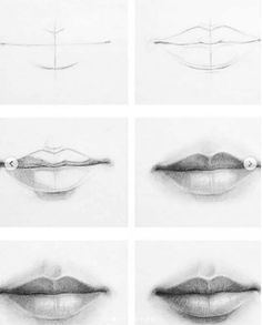 six different lips drawn in pencil with the same line on each side and one at the top