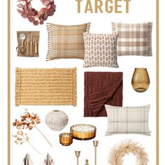 a collage of pillows, candles and other items with the words target on it