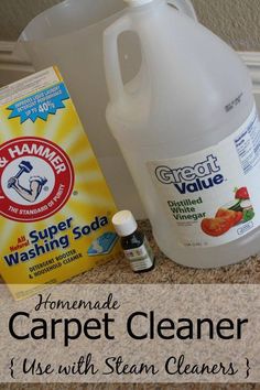 homemade carpet cleaner and cleaning supplies on a counter