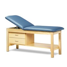 a wooden table with a blue top and drawers on it's sides, in front of a white background