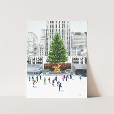 a christmas card with people skating in front of a tree