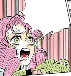 an anime character with pink hair and green eyes looking at something in front of her