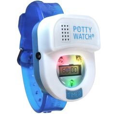 a watch that is blue and white with the words potty watch on it