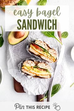 an easy bagel sandwich with avocado and spinach