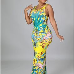 Stretch Dress Round Neckline Sleeveless Backless No Closure 95% Polyester 5% Spandex Hand Wash Cold Model Is Wearing A Small Yellow Sleeveless Midi Dress For Party, Yellow Stretch Maxi Dress For Beach, Yellow Floral Print Sleeveless Party Dress, Yellow Halter Neck Sleeveless Dress For Vacation, Yellow Sleeveless Sundress For Party, Fitted Yellow Sleeveless Dress For Vacation, Yellow Sleeveless Dress For Beach Season, Yellow Stretch Maxi Dress For Spring, Yellow Halter Neck Sleeveless Sundress