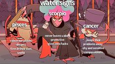 an image of a cartoon character with words describing the signs of scorpios