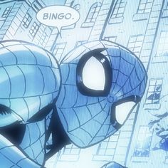 an animated spider man with a speech bubble above his head and buildings in the background