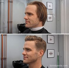 Before And After Mens Haircut, Mens Haircut To Hide Receding Hairline, Men’s Haircut Receding Hairline, Receding Hairline Styles Men, High Forehead Hairstyles, Thining Hair, Haircuts For Balding Men, High Forehead, Before And After Haircut