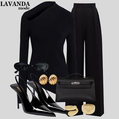 Black Elegant Outfit, Total Black Outfit, Formal Smart Casual, Black Fall Outfits, Lady In Black, Total Black, Fashionista Clothes