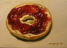 an oil painting of a doughnut with ketchup on it's crust