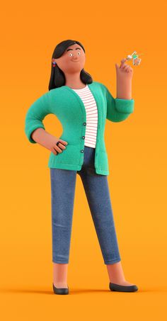 a woman in jeans and a green cardigan is holding a tiny flower while standing on an orange background