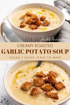 creamy roasted garlic potato soup in a white bowl