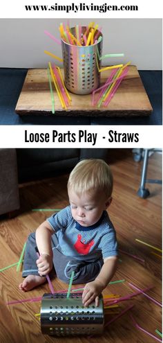 a baby sitting on the floor playing with some straws