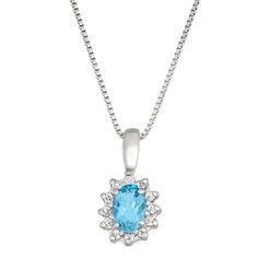 Add a sparkling touch to your look with this beautiful blue and white topaz necklace. Add a sparkling touch to your look with this beautiful blue and white topaz necklace. Clasp: spring-ring Nickel free Metal: sterling silver Chain length: 18 in. Packaging: boxed Plating: rhodium Finish: polished Pendant size: 15.9 mm x 7.9 mm Chain type: boxSTONE DETAILS Stone type: blue topaz, white topaz Total weight: 5/8 ct. Center stone weight: 1/2 ct. Center stone size: 6 mm x 4 mm Shape: oval Setting: pro Blue Oval Pendant Necklace With Diamond Accents, Blue Topaz Oval Necklaces, Blue Oval Topaz Necklaces, White Topaz Necklace, Oval Setting, Necklace Clasp, Topaz Necklace, White Topaz, Sterling Silver Chain