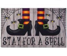 a wooden sign that says stay for aspell with two black cats wearing witch hats