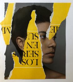 a woman's face is shown through torn paper