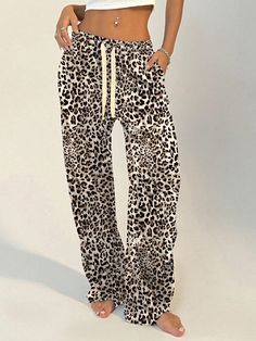 Women's Leopard Print Drawstring Lounge Pants Brown    Knitted Fabric Leopard Print,Textured Pattern Straight Leg Medium Stretch  Women Clothing, size features are:Bust: ,Length: ,Sleeve Length: Cheetah Print Clothes, Sweat Set Outfits, Printed Linen Pants, Leopard Print Pants, Leopard Pants, Pants Brown, Printed Sleeveless Top, Slim Fit Trousers, Printed Drawstring