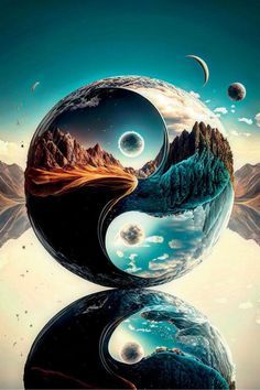 the yin symbol is reflected in water with mountains and planets around it, as if they were floating on top of each other