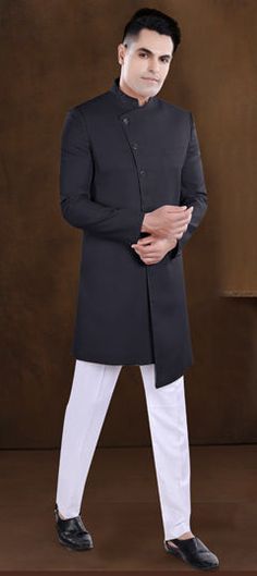 Black and Grey color IndoWestern Dress in Viscose fabric with Embroidered, Thread work Black Long Sleeve Kurta For Wedding, Black Kurta With Traditional Drape For Wedding, Black Fitted Sherwani For Traditional Ceremonies, Fitted Black Sherwani For Traditional Ceremonies, Fitted Black Sherwani For Ceremony, Elegant Black Kurta For Traditional Ceremonies, Engagement Reception, Reception Lehenga, Indo Western Dress