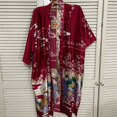 Cherry Wine Color Beautiful Silk Kimono Brand New With Tags Red Vintage Kimono For Spring, Red One-size Kimono For Spring, Traditional Red Printed Kimono, Red Printed Long Sleeve Kimono, Red One Size Long Kimono, Red Long One Size Kimono, Red Long One-size Kimono, Chiffon Kimono Cardigan, Sleeveless Duster