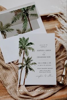 wedding stationery with palm trees and calligraphy