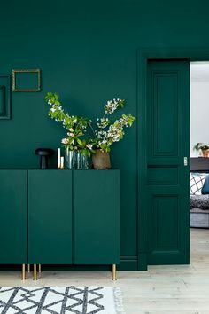 a living room with dark green walls and white rugs on the floor in front of an open door