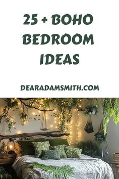 the bedroom is decorated with plants and lights