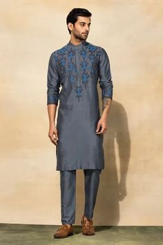 Shop for DiyaRajvvir Grey Cotton Cutdana And Thread Embroidered Kurta Set for Men Online at Aza Fashions Kurta Designs Men's, Kurta Set For Men, Embroidery On Clothes, Nehru Jackets, Hand Embroidery Design Patterns, Cotton Embroidery, Kurta Designs, Band Collar, Kurta Set