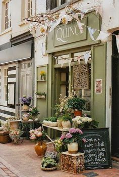 the outside of a flower shop with potted plants