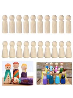 wooden pegs with different types of dolls in them and pictures on the bottom right side