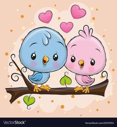 two cute cartoon birds sitting on a branch