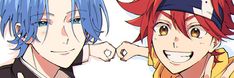 two anime characters one with blue hair and the other with red hair smiling at the camera