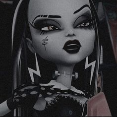 an animated doll with black and white makeup