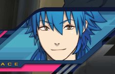 an anime character has blue hair and is looking at the camera while he's in front of him