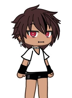 an anime character with red eyes and black shorts, standing in front of a white background