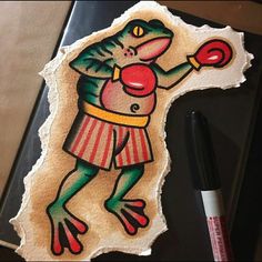 a drawing of a frog with a boxing glove on it's back and arms in the air