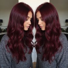 Red Hair Colours Ideas, Fall Burgundy Hair, Red Hair With Red Money Piece, Bordeaux Hair, Burgundy And Purple Hair, Deep Maroon Hair, Witch Hair Color, Violet Red Hair Color