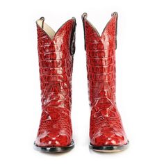 Material: Alligator genuine leather designColor: RedUS Size: 9, 9.5, 10, 10.5, 11, 11.5, 12, 12.5, 13, 13.5, 14Details: Full leather lining & leather sole Luxury Red Patent Leather Boots, Red Leather Moc Toe Boots, Cozumel, Color Rojo, Low Top Sneakers, Leather Design, Western Boots, 11 11, Sea Turtle